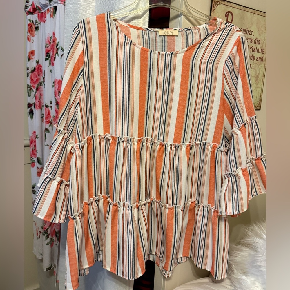 ODDY Orange and White Striped Women's Blouse Bell Sleeves Large Flowy Beautiful - Picture 1 of 7